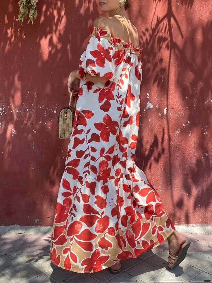 Casual Floral Print Off-Shoulder Puff Sleeve Maxi Dress