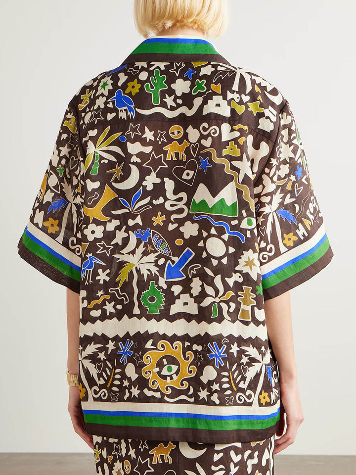 Unique Vintage Moroccan Print Linen Elastic Waist Pocket Wide-Leg Pants