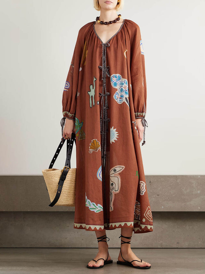 Retro Floral Print Linen-Cotton Blend Midi Dress