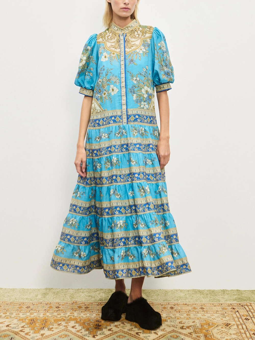 Unique Floral Print Puff Sleeve Tiered Shirt Maxi Dress