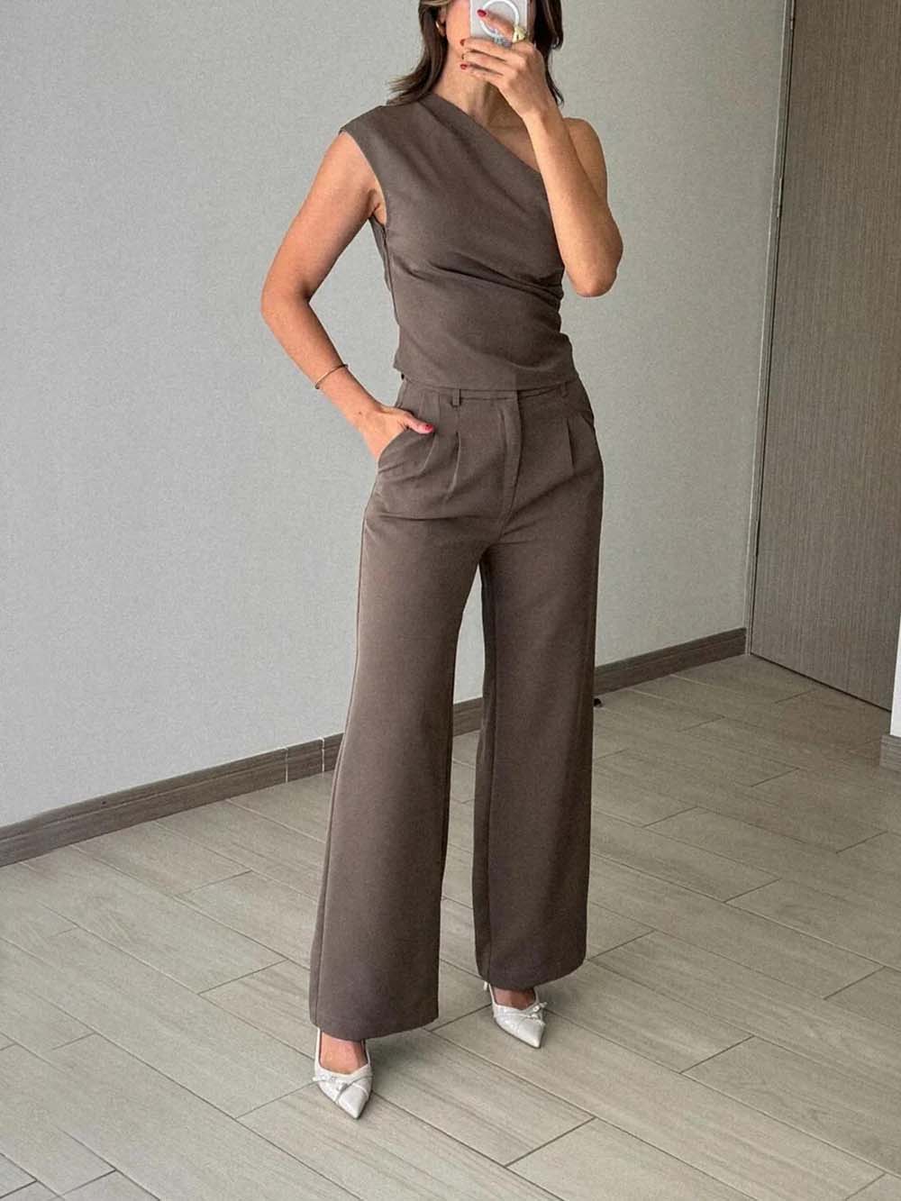 Classic Casual Ruched Pocket Wide-Leg Pants