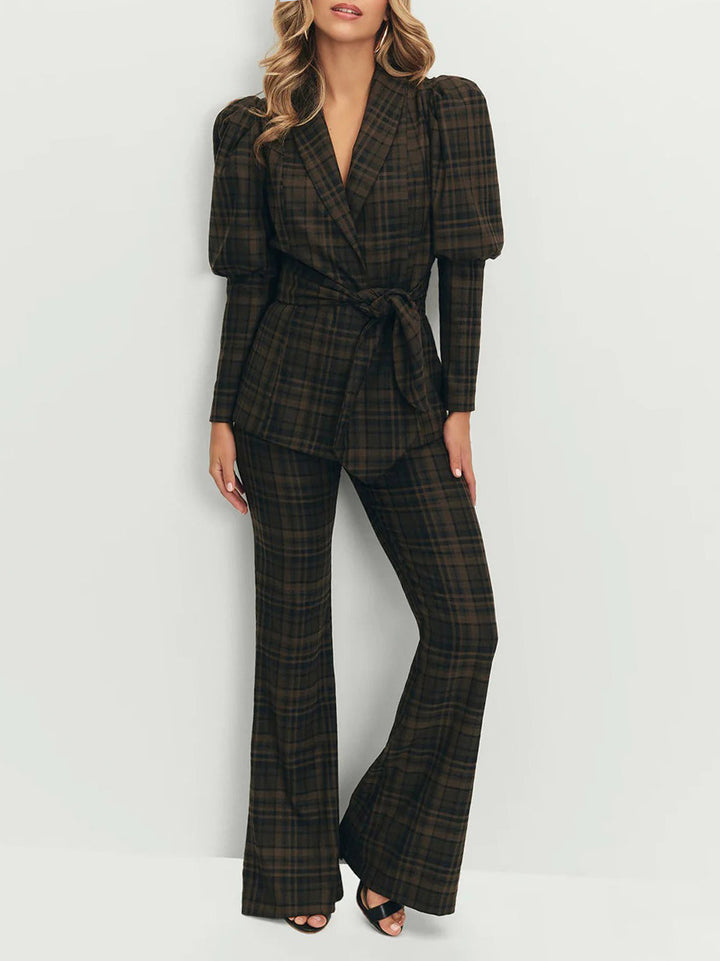 Retro Plaid Puff Sleeve Belted Blazer