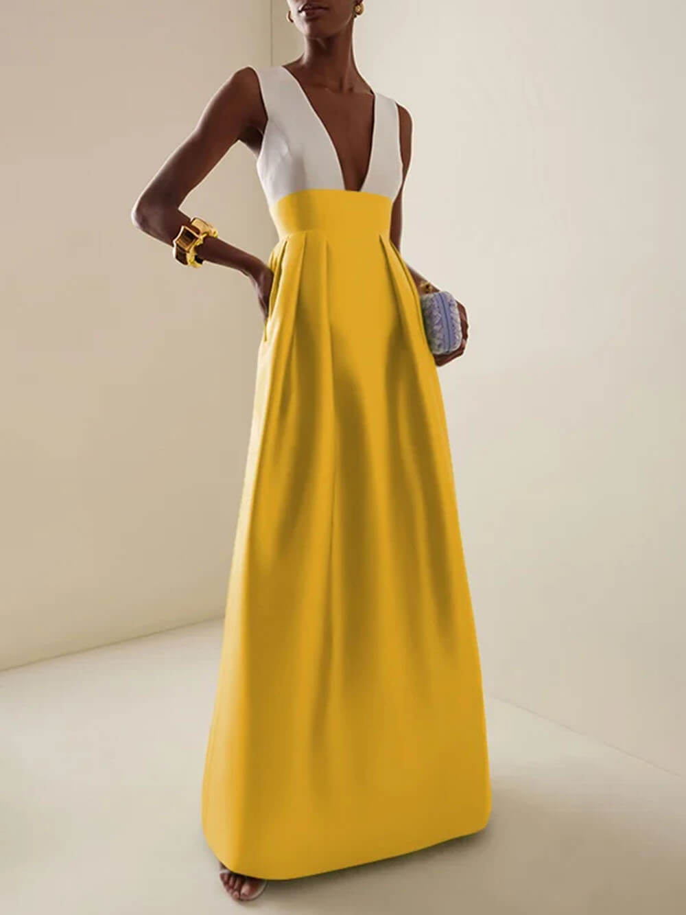 Elegant Deep V-Neck Colorblock Ruched A-Line Maxi Dress
