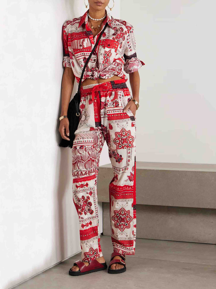 Casual Ethnic Floral Print Irregular Hem Shirt