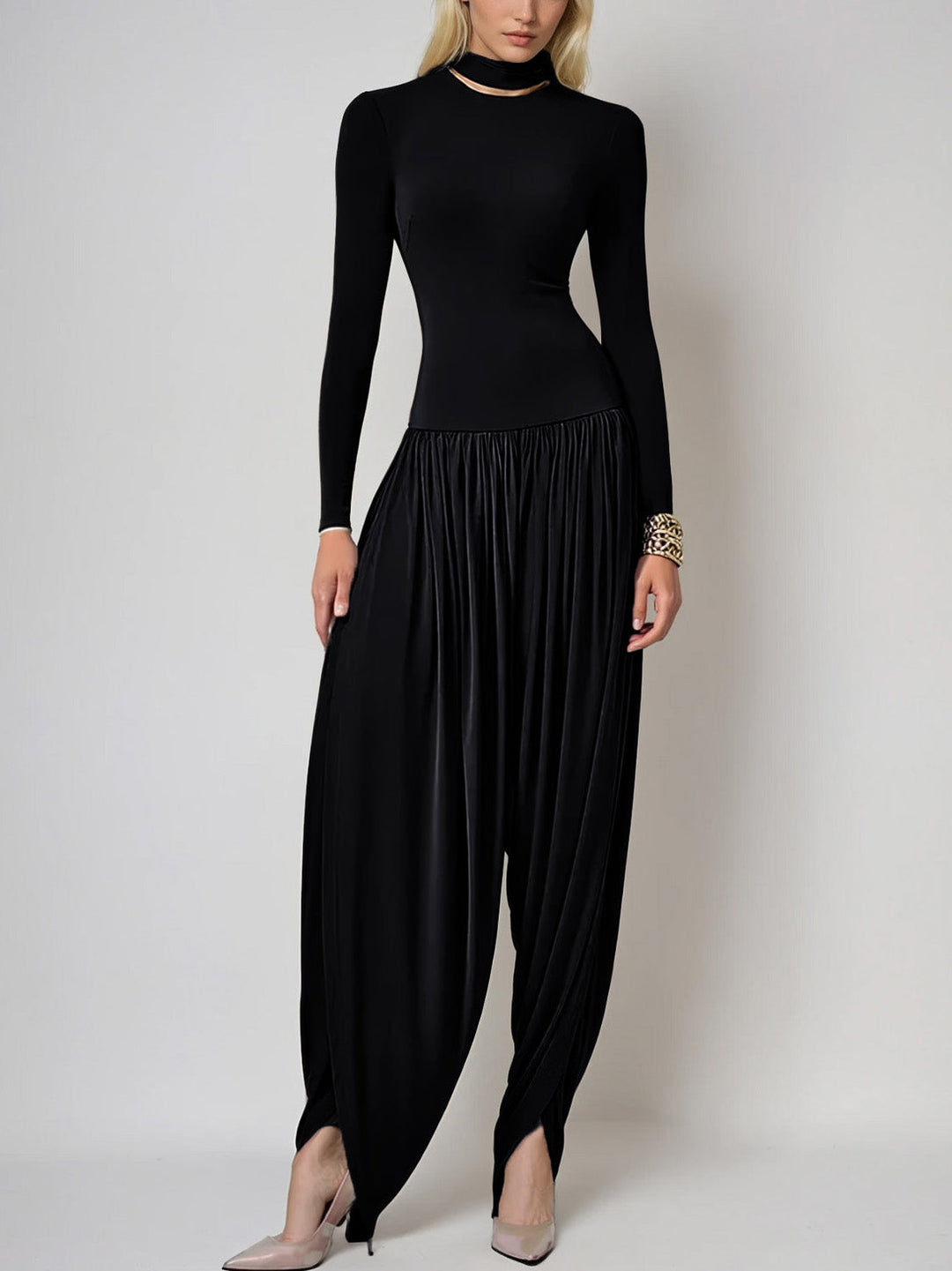 Fashionable Draped High-neck Jumpsuit