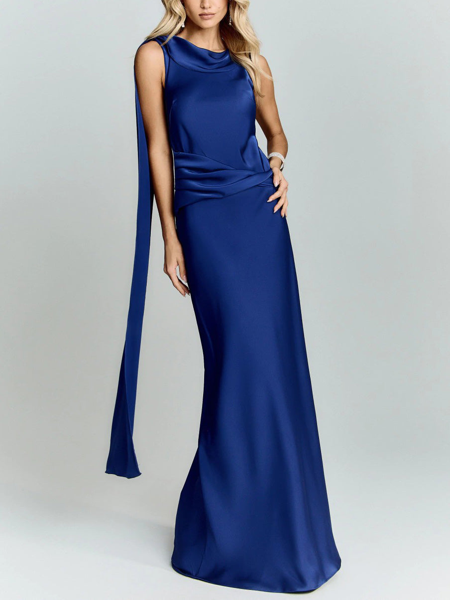 Elegant Satin Draped Shoulder Maxi Dress