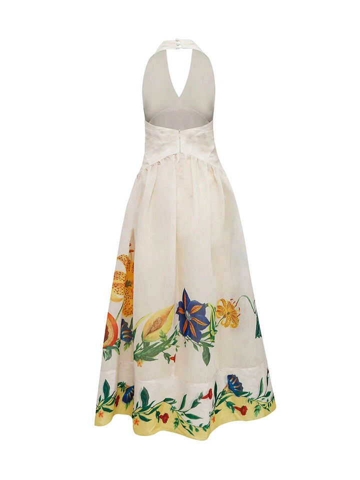 Elegant V-Neck Floral Print Halter Maxi Dress