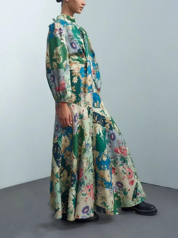 Delicate Floral Print Tie-Back Lantern Sleeve Maxi Dress