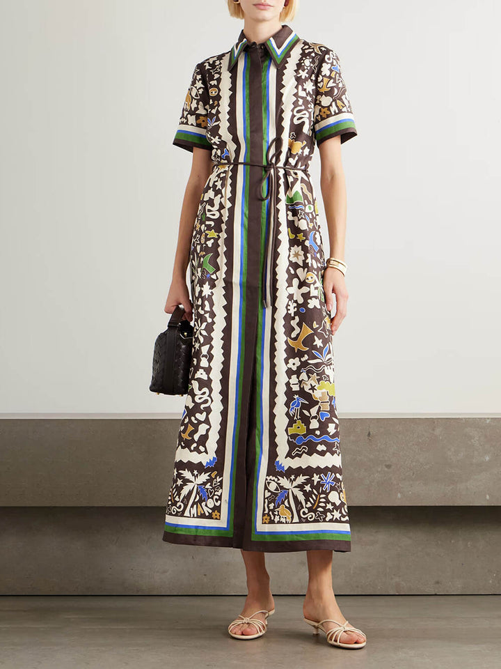 Unique Retro Moroccan Print Belted Linen Midi Dress