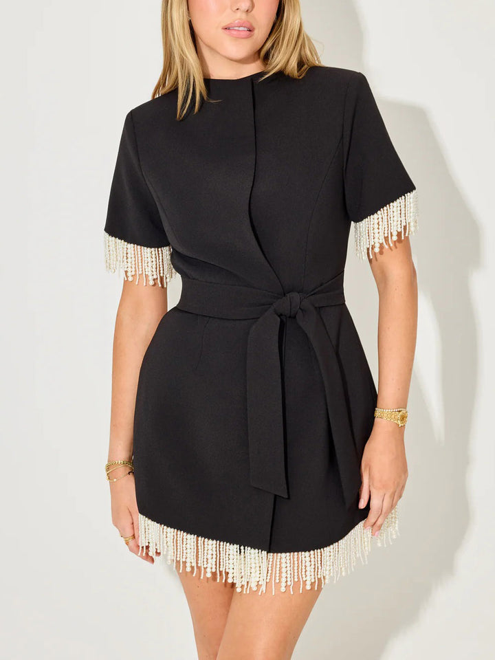 Elegant Pearl Trim Wrap Mini Dress