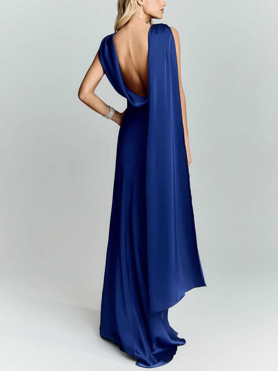 Elegant Satin Draped Shoulder Maxi Dress