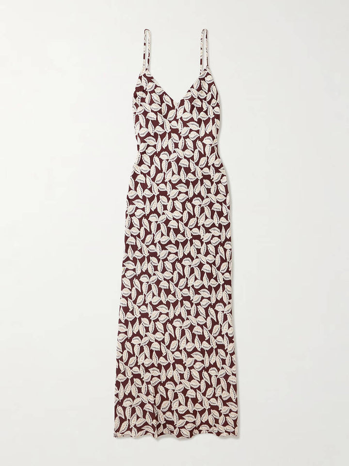 Elegant Backless Paper Birch Print Twill Maxi Dress