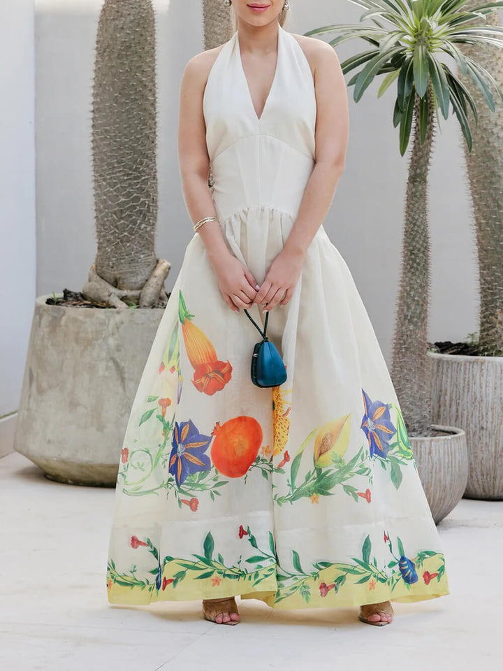Elegant V-Neck Floral Print Halter Maxi Dress