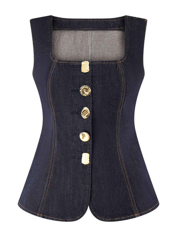 Modern Playful Unique Sleeveless Button-Down Denim Vest Top