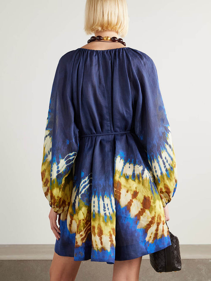 Unique Retro Tie-Dye Print Tie Linen Mini Dress