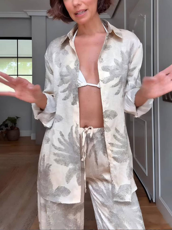 Summer Unique Palm Leaf Print Loose Button-Down Oversized Shirt