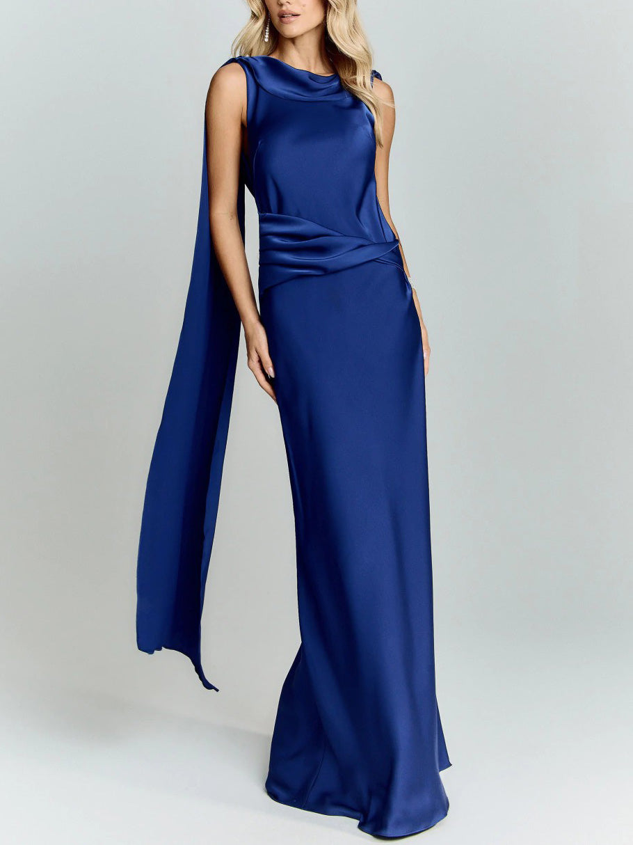 Elegant Satin Draped Shoulder Maxi Dress