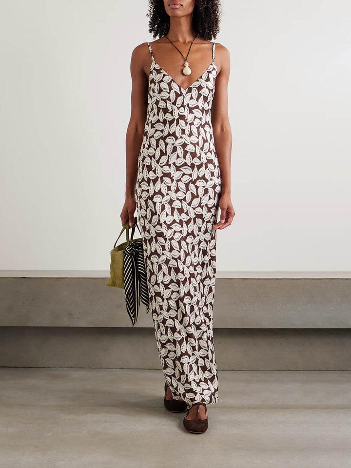 Elegant Backless Paper Birch Print Twill Maxi Dress