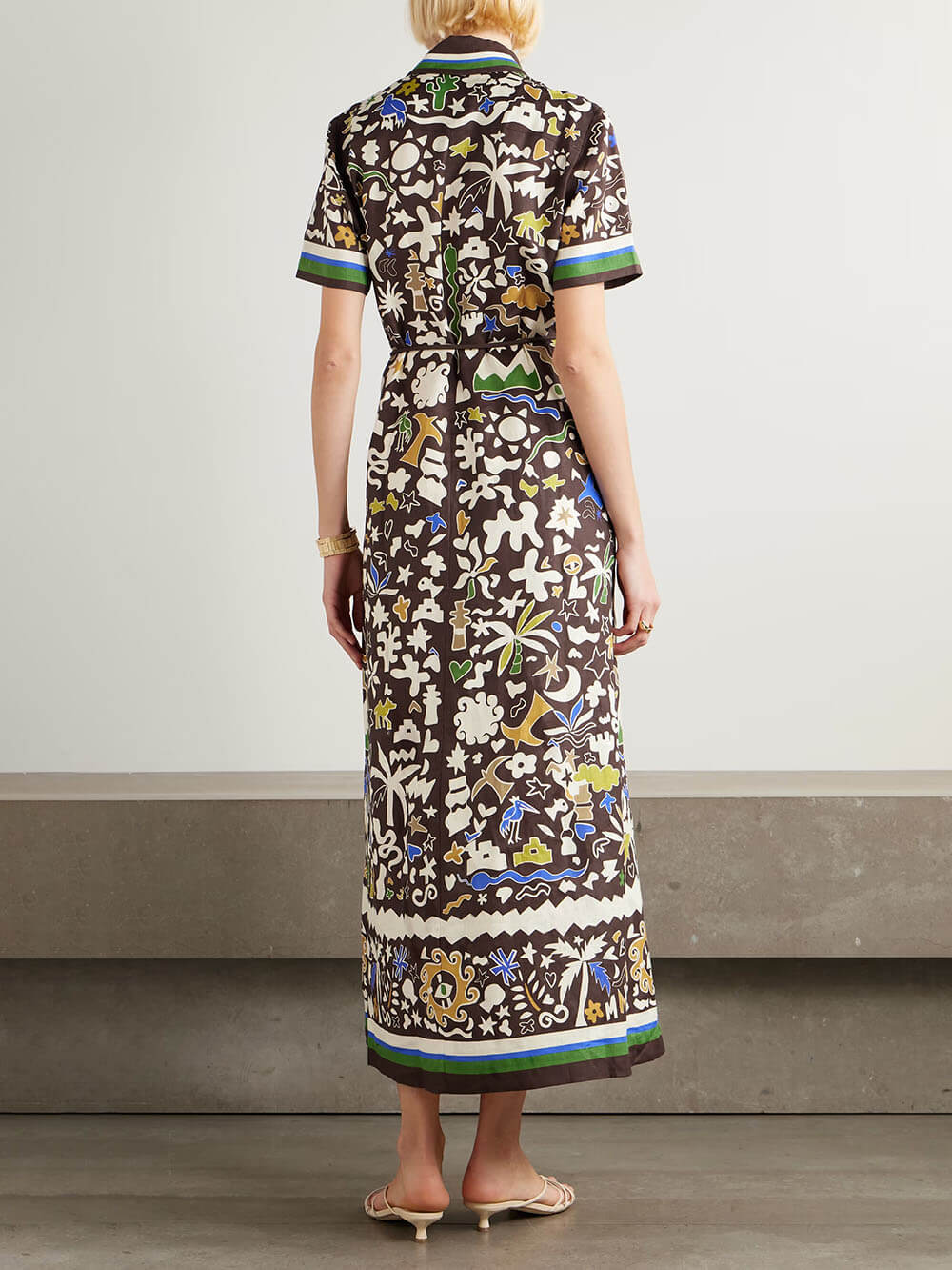 Unique Retro Moroccan Print Belted Linen Midi Dress