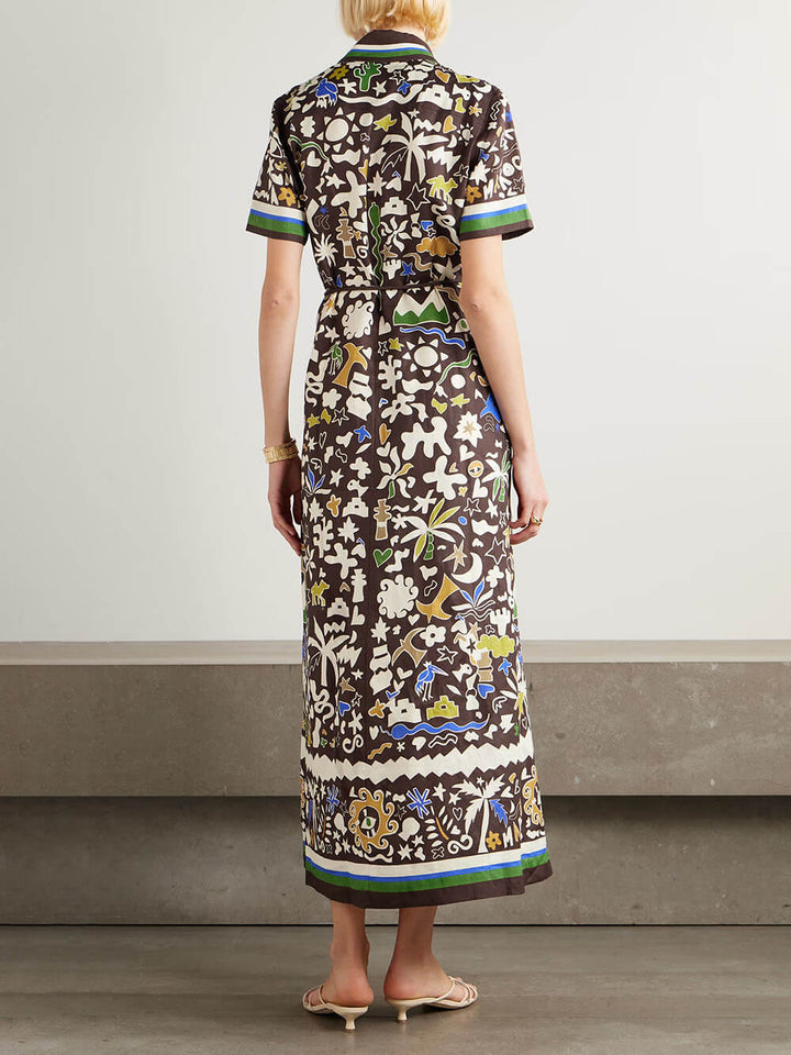 Unique Retro Moroccan Print Belted Linen Midi Dress