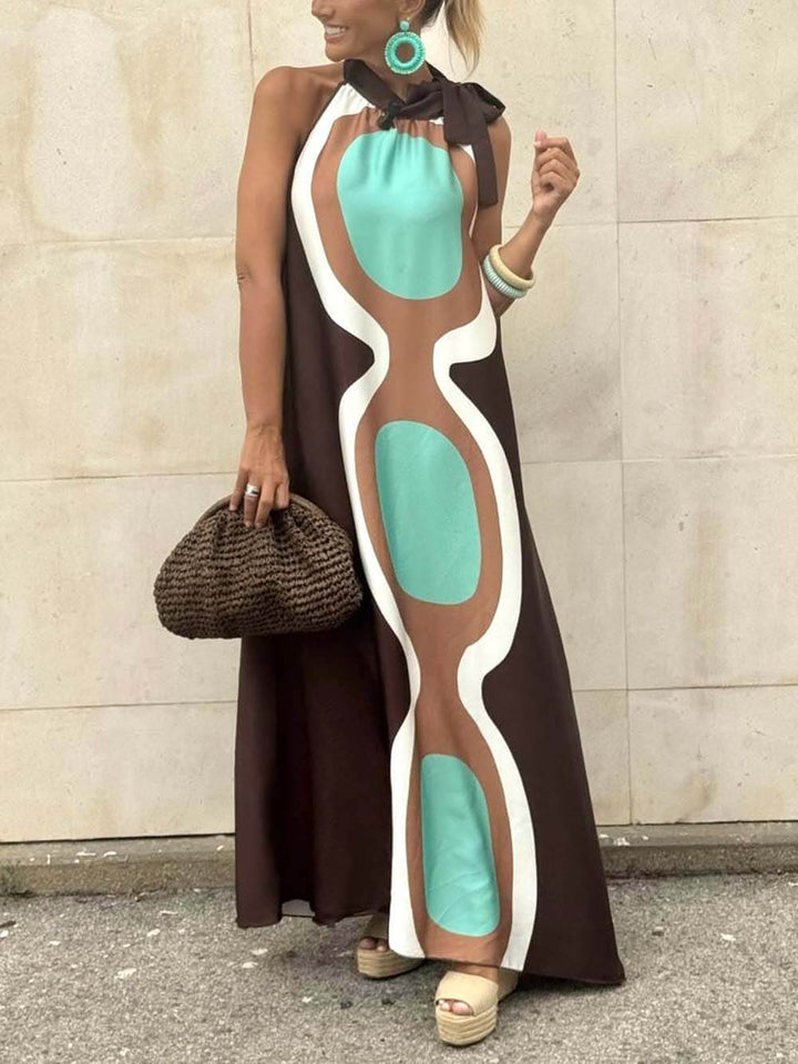 Unique Print Sleeveless Halter Neck Loose Holiday Maxi Dress
