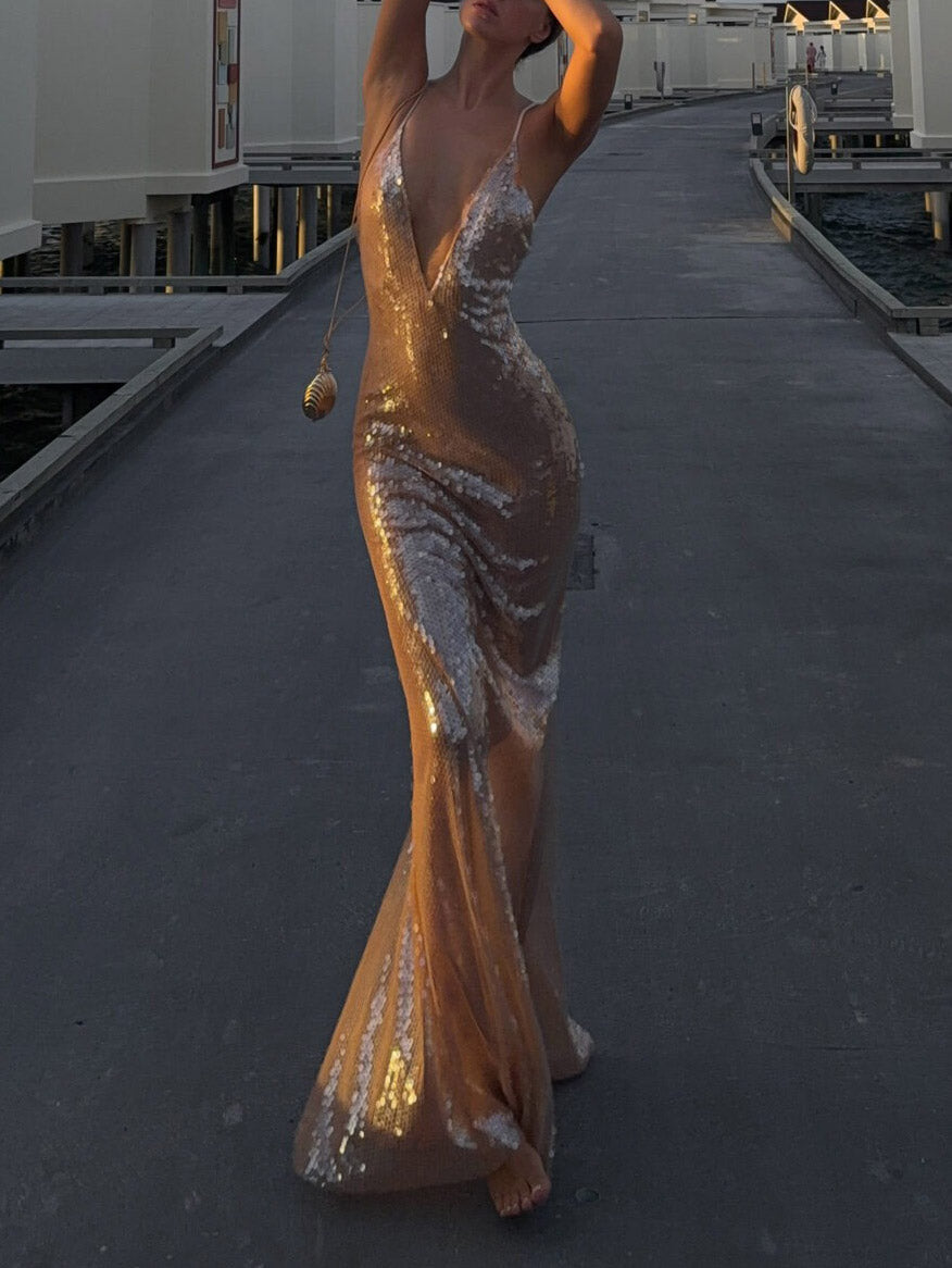 Elegant V-neck Sequined Fishtail Maxi Dress