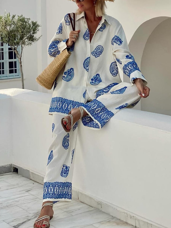 Unique Ethnic Pattern Print Loose Elastic Waist Pocket Wide-Leg Pants