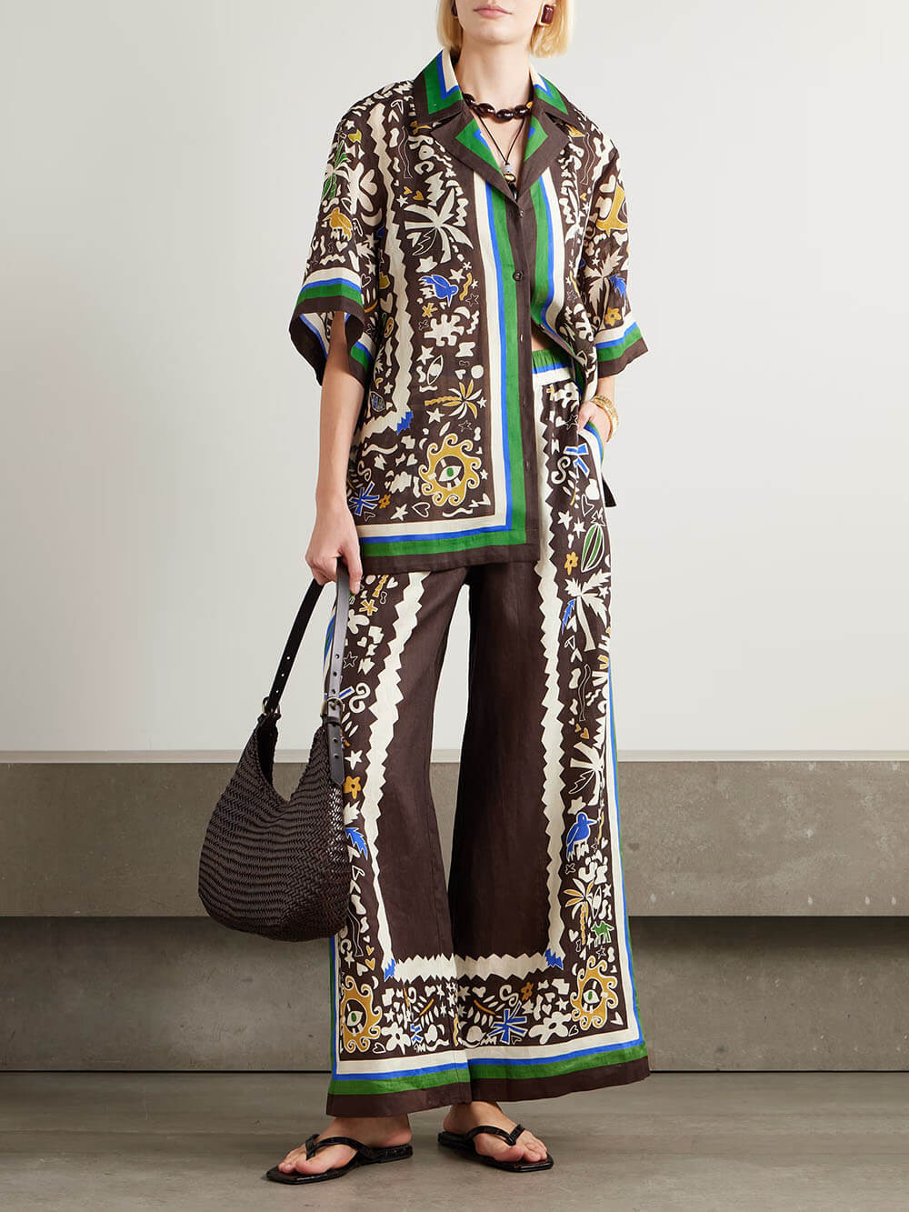 Unique Vintage Moroccan Print Linen Elastic Waist Pocket Wide-Leg Pants