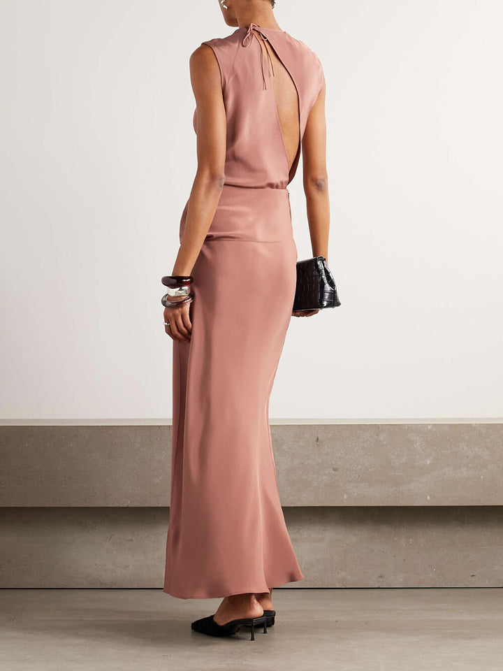 Elegant Cutout Draped Satin Maxi Dress