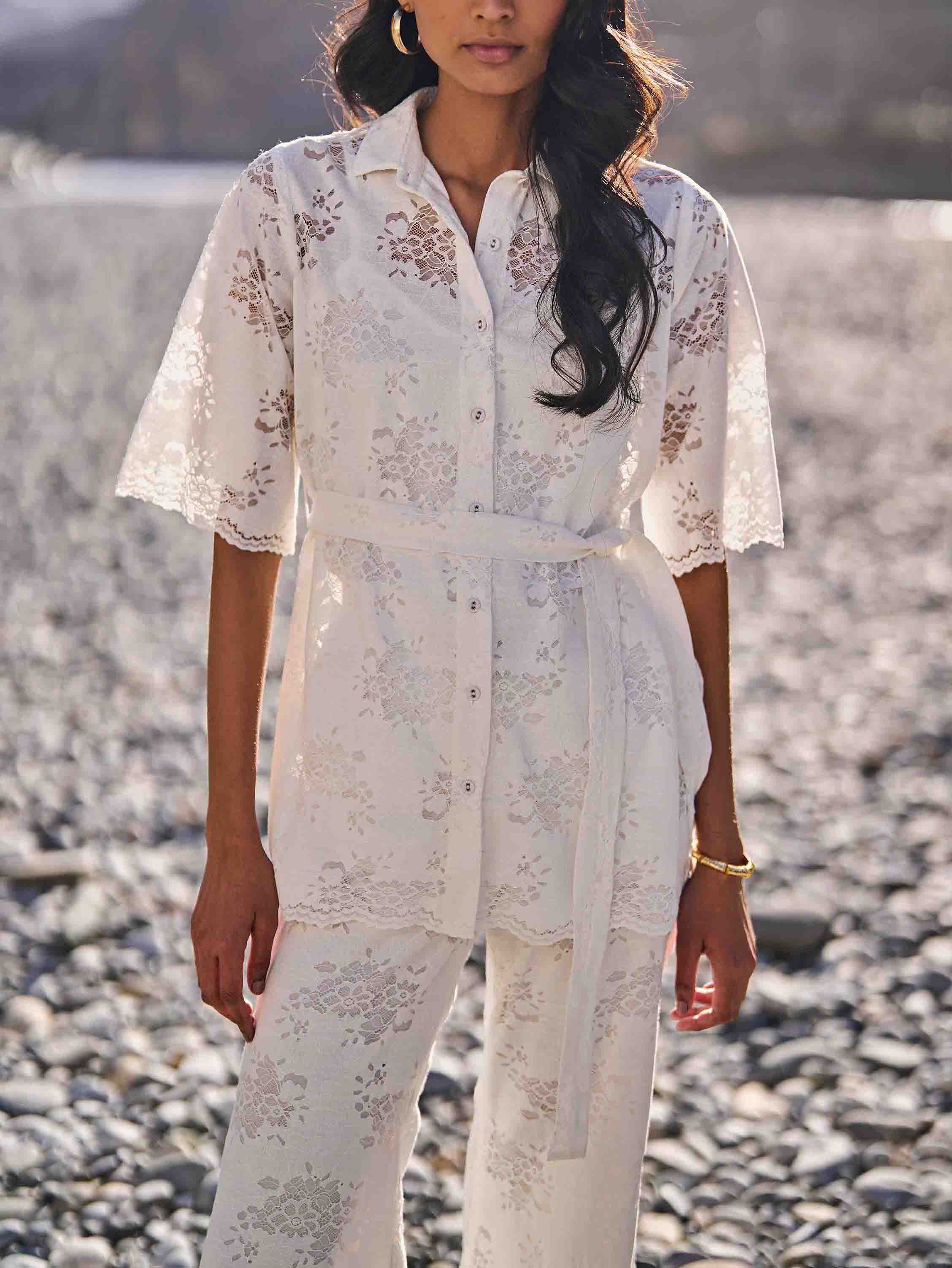 0401~Floral Printed Silk Tie Neck Shirt main image 1