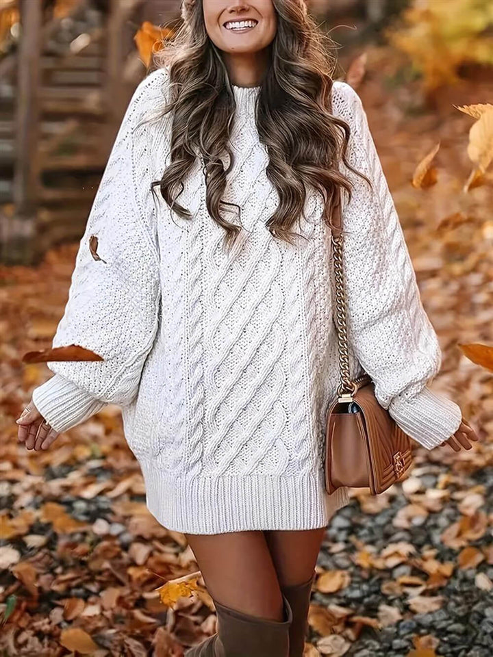 Fashion Chunky Cable Knit Round Neck Oversized Sweater Mini Dress