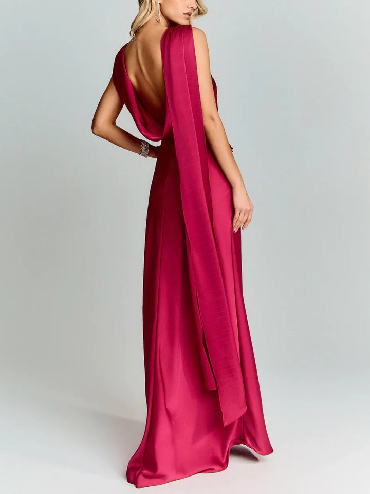 Elegant Satin Draped Shoulder Maxi Dress