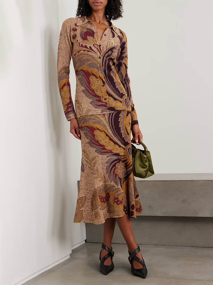 Fashion Paisley Print Gradient Knit Midi Skirt