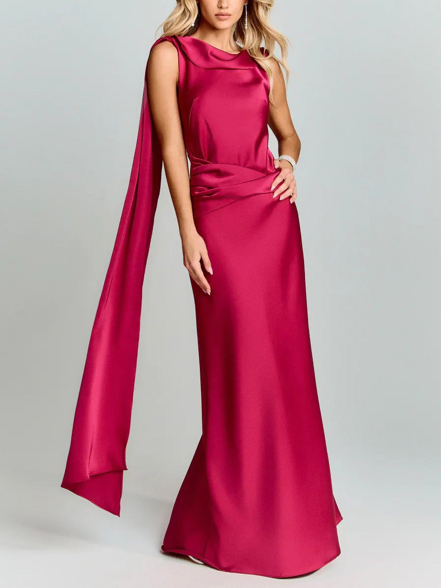 Elegant Satin Draped Shoulder Maxi Dress