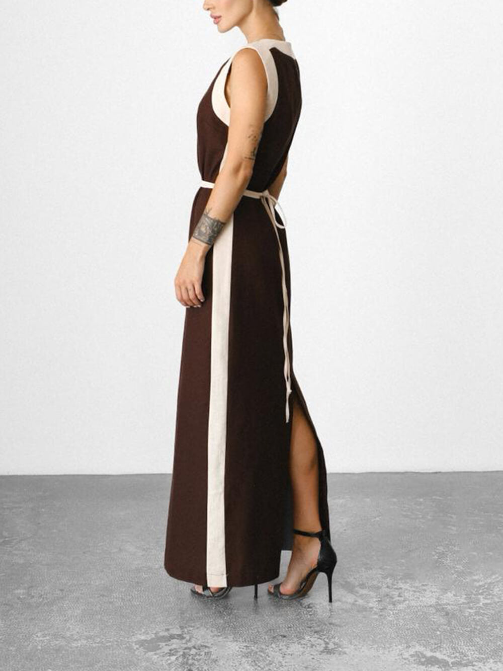 Unique Retro Colorblock Belted Linen Maxi Dress