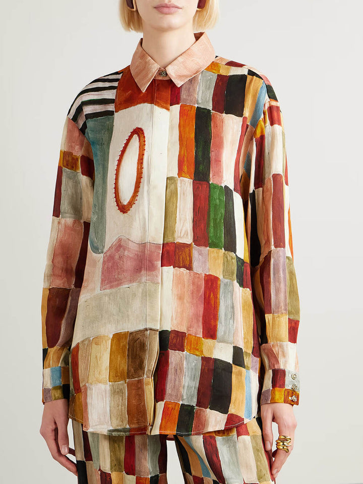 Retro Floral Print Loose Linen Button-Up Shirt