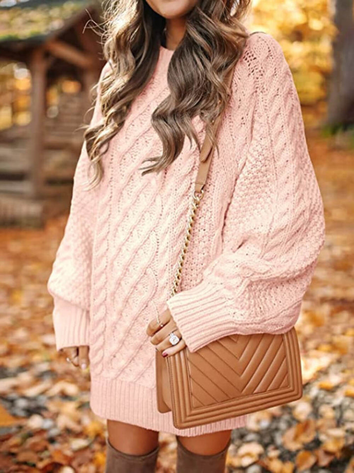 Fashion Chunky Cable Knit Round Neck Oversized Sweater Mini Dress
