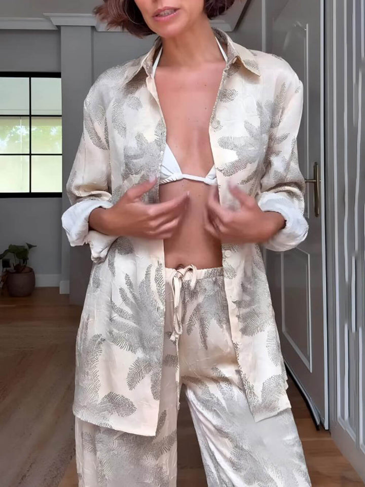 Summer Unique Palm Leaf Print Loose Button-Down Oversized Shirt