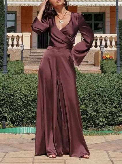 Elegant Satin Suit Wide-leg Pants