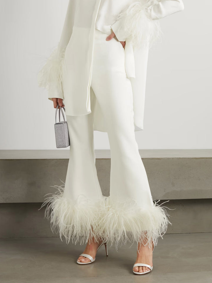 Elegant Satin Feather Trim Shirt