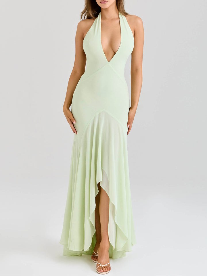 Elegant Deep V-neck Draped Irregular Hem Maxi Dress