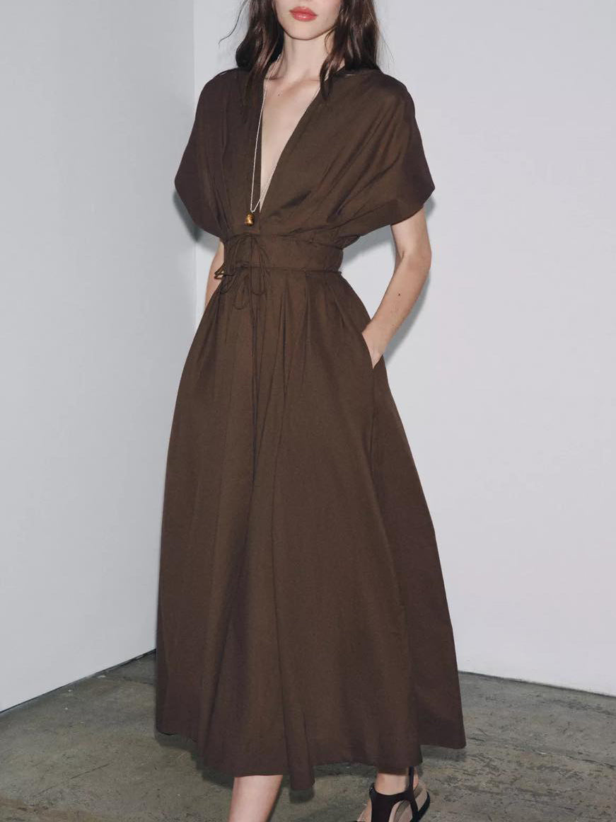 Elegant V-neck Drawstring Pleated Midi Dress