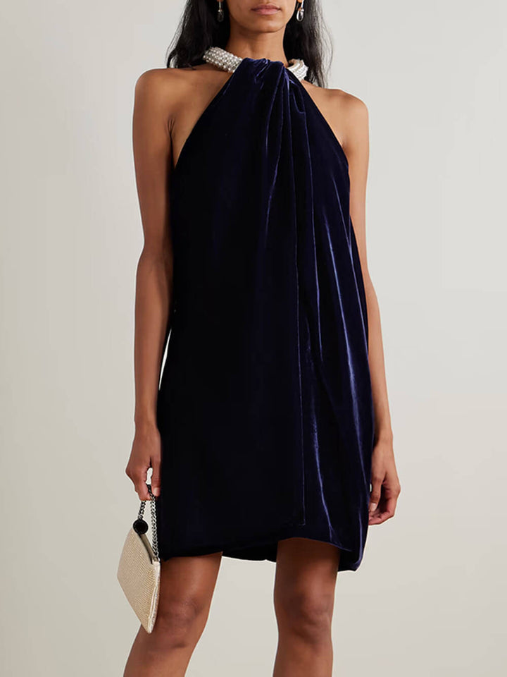 Elegant Off-the-Shoulder Draped Halter Neck Mini Dress