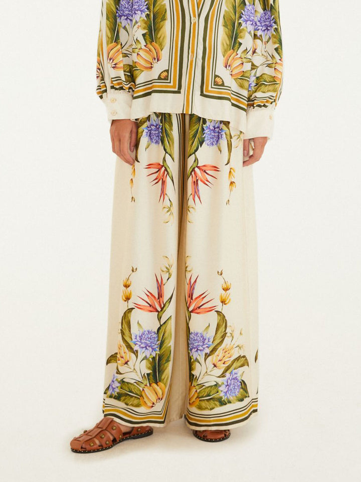 Exquisite Satin Floral Print Wide-leg Pants