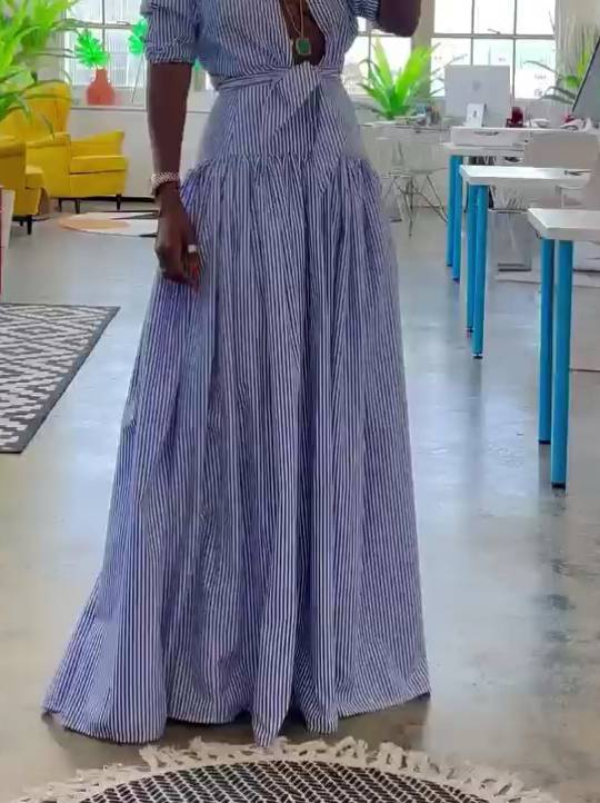 Striped Stand Collar Shirt And Skirt Suit-Skirt