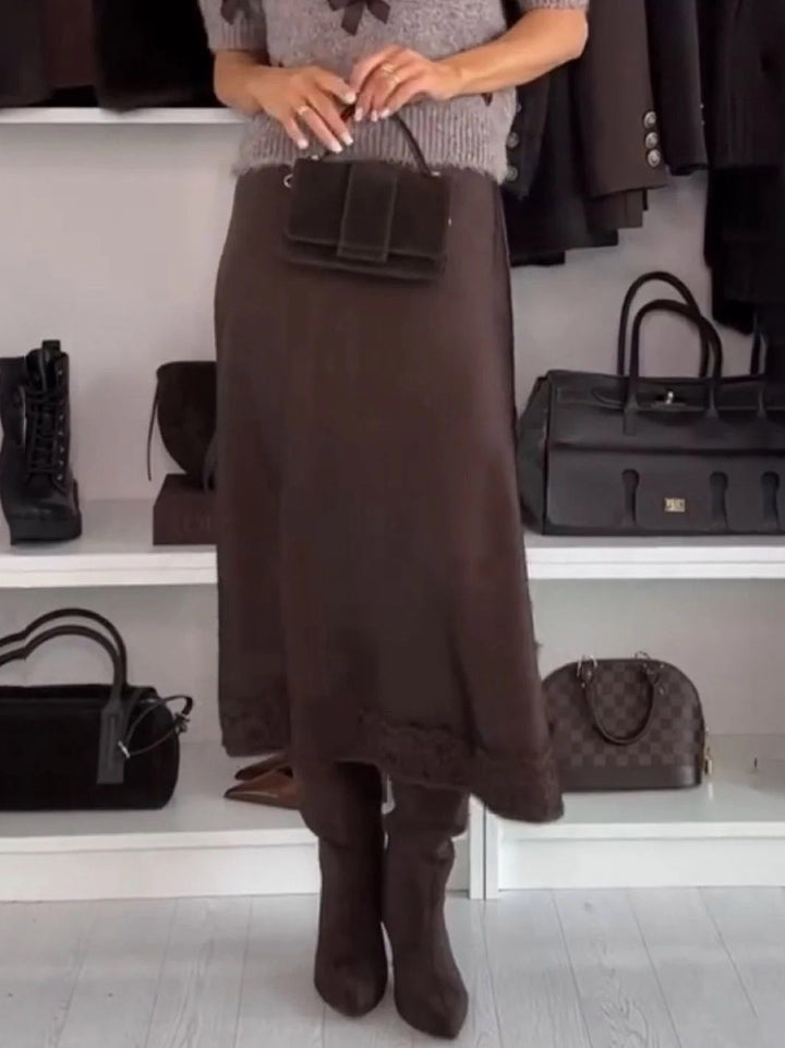 Elegant Lace Trim A-Line Midi Skirt