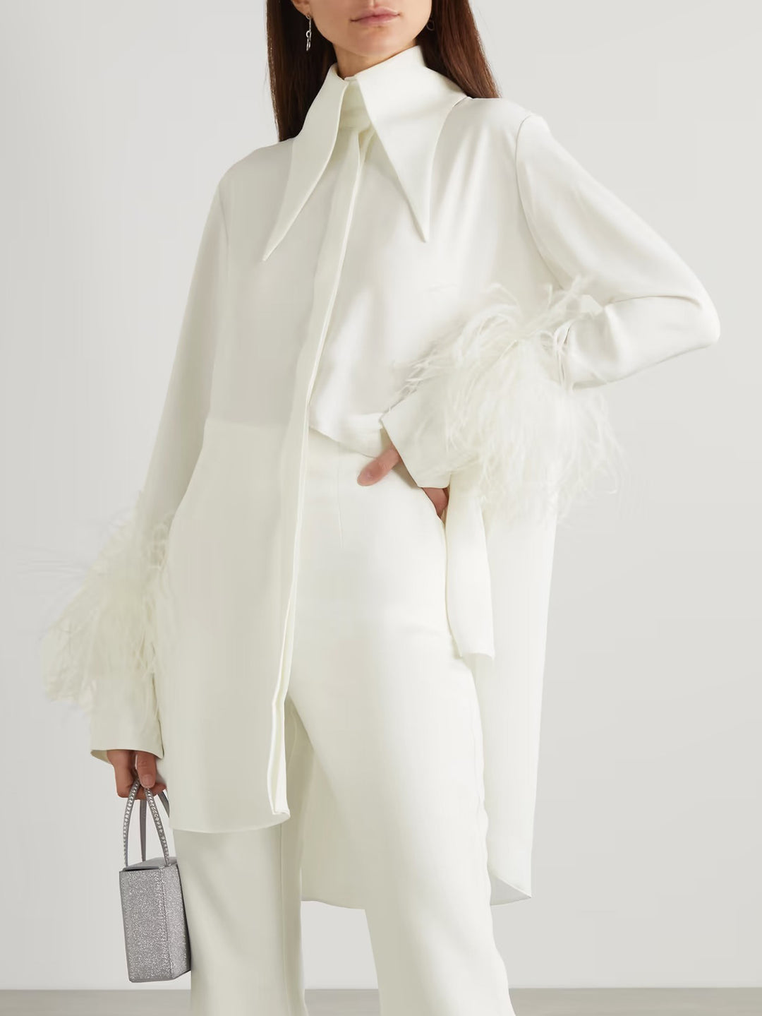 Elegant Satin Feather Trim Shirt