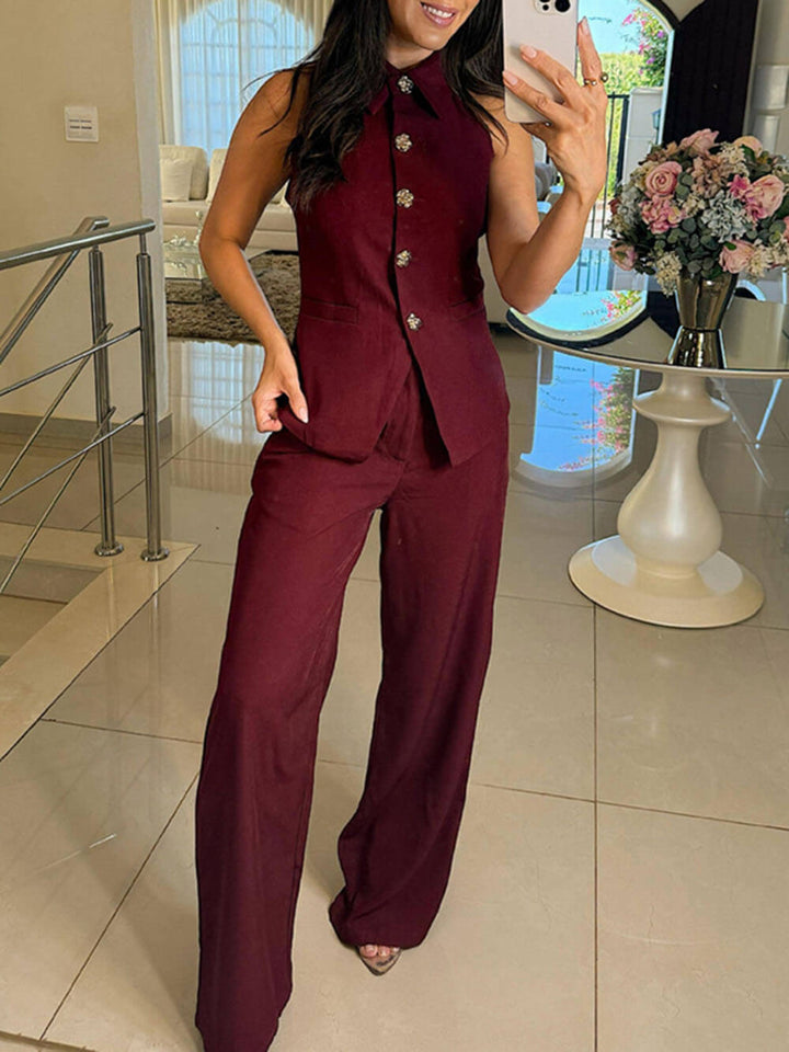 Perfect Charm Elegant Solid Pocket Wide-Leg Pants