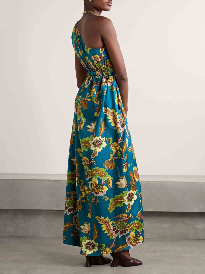 Unique One Shoulder Floral Print Maxi Dress