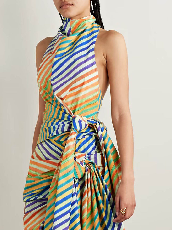 Unique Striped Print Crayon Knot A-Line Maxi Skirt